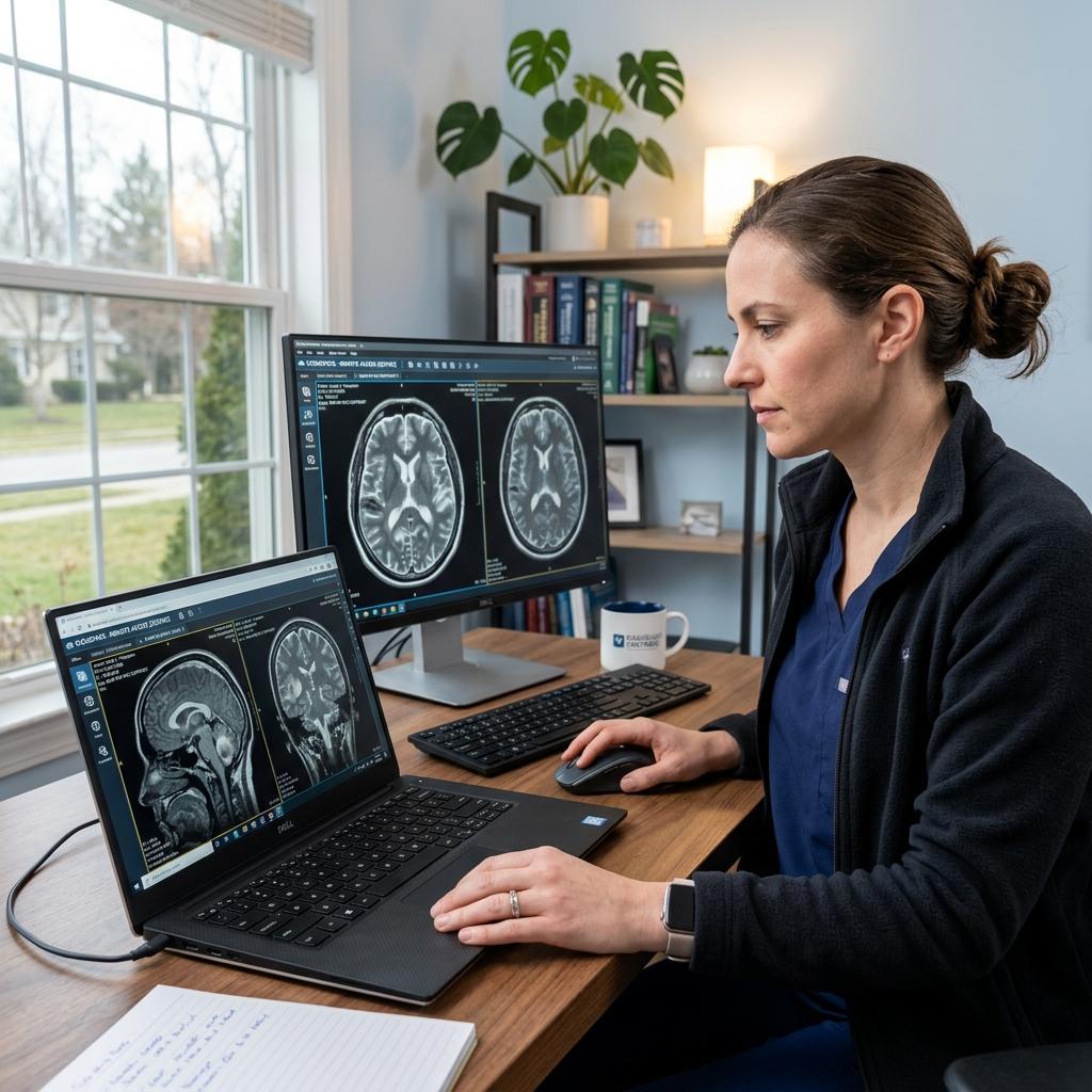 Radiologist accessing MRI images remotely using cloud PACS system - PostDICOM